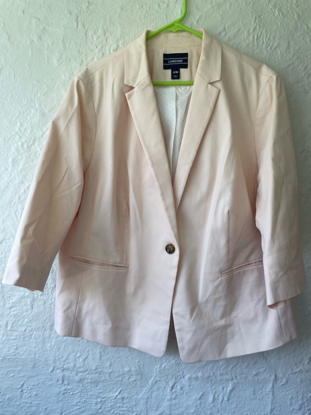 Lands End plus size light pink cotton blend blazer, polka dot interior; size 22